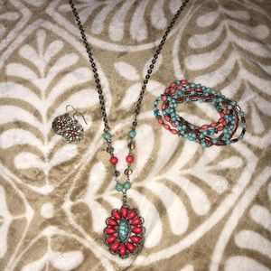 Earrings, necklace, and six bracelets